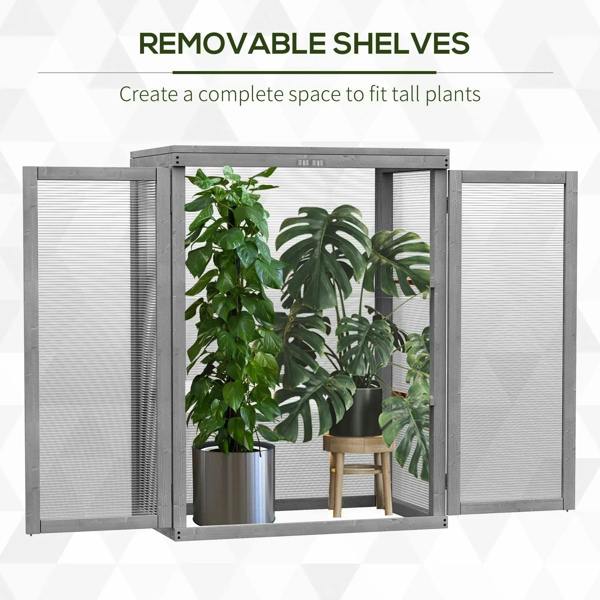 Removable-shelf greenhouse with transparent polycarbonate doors and multiple tiers for plants