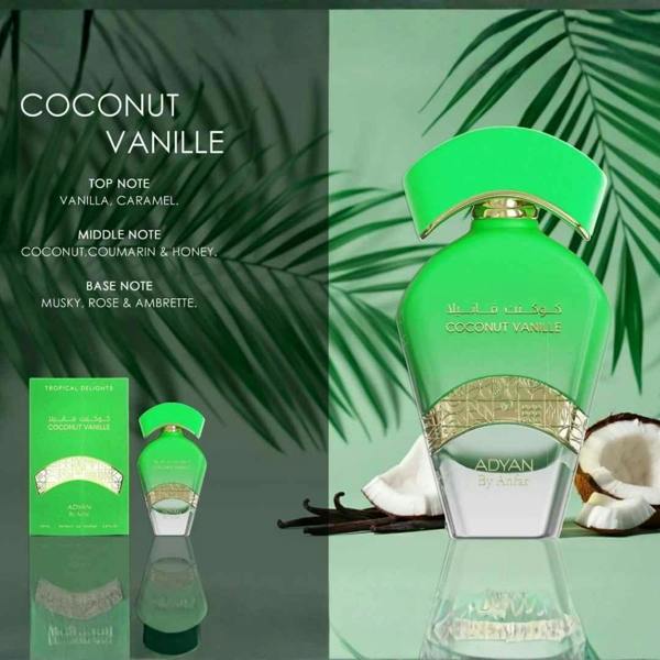Adyan Coconut Vanille Extrait 100ML box and bottle with coconut background