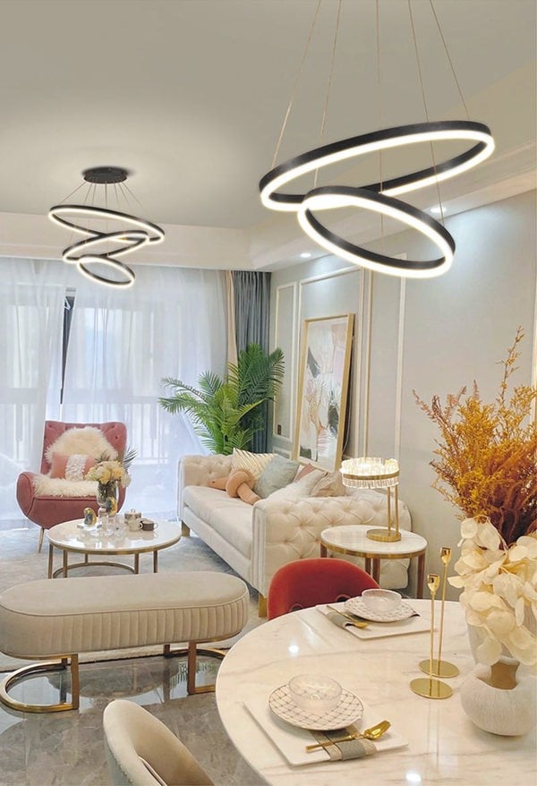 Modern 3 Ring Aluminum Round Hanging LED Pendant Light Chandeliers Living and Home