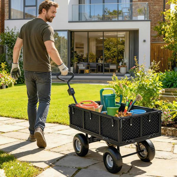 Outsunny Garden Cart with Removable Liner, Quick-Release Sides, Black