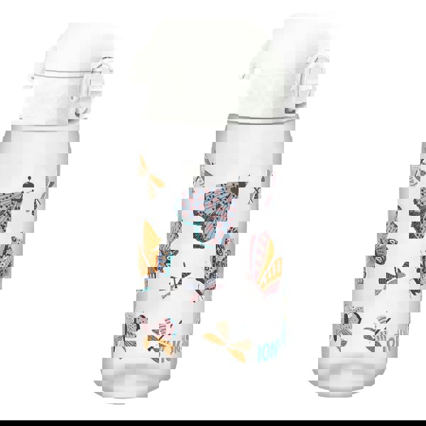 A translucent water bottle, featuring a white cap and butterfly/dragonfly designs, sits on a white background. ION8 is printed on the bottle.