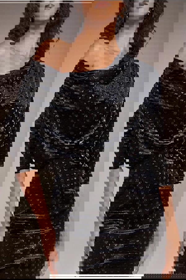 Glitter Velvet Cowl Neck Sheath Midi Dress - Black DR4691