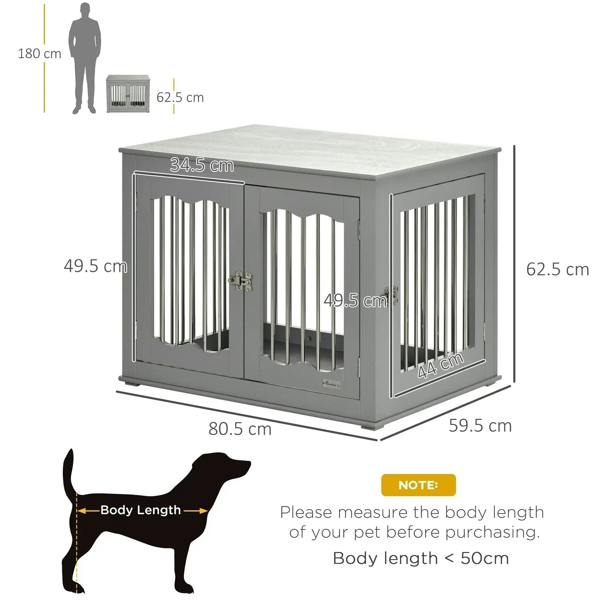 Grey dog crate end table size diagram with three door openings and labeled dimensions