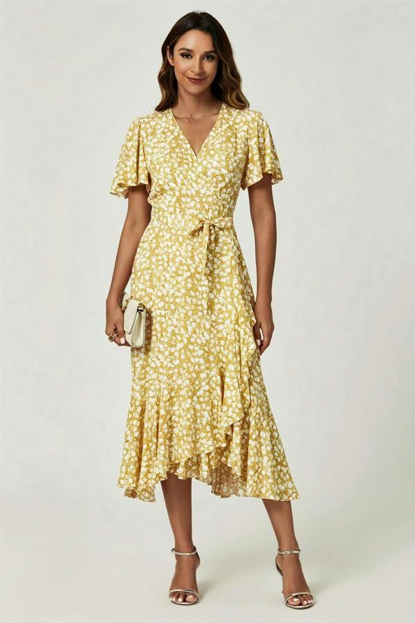 FS Collection Floral Print Midi Wrap Dress In Yellow