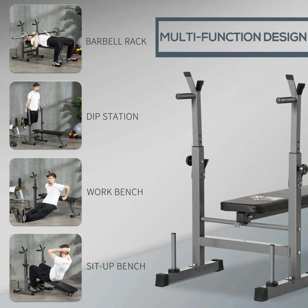 Adjustable workout bench with barbell rack and black padded seat, grey frame