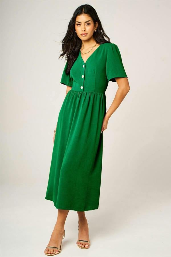 FS Collection Button Front Midi Dress In Green