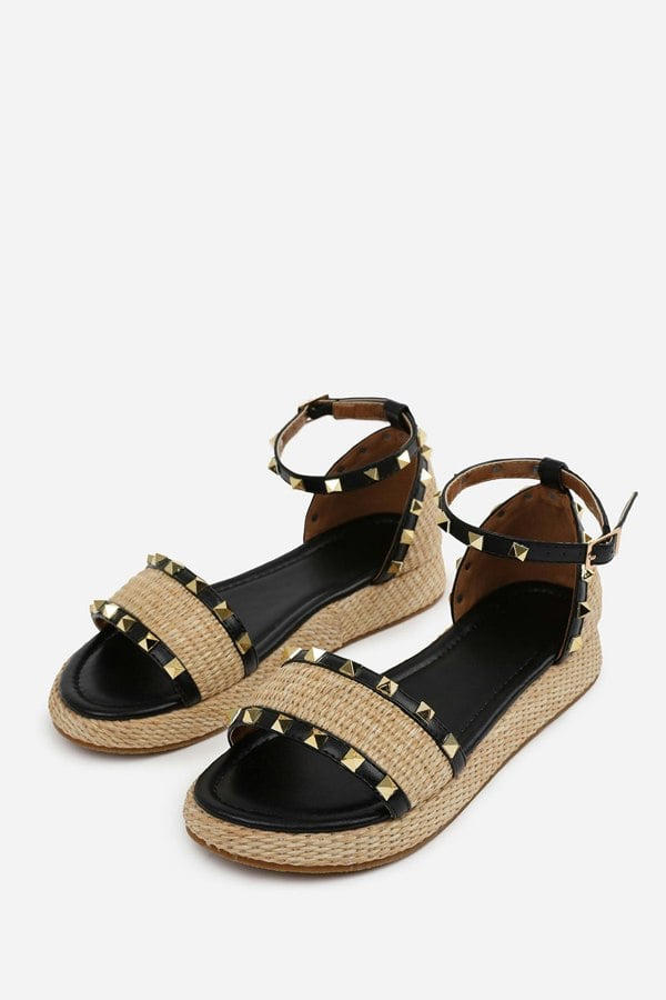 Where's That From Aviva Wide Fit Studded Gladiator Braided Strap Espadrille Flatform  in Black Faux Leather