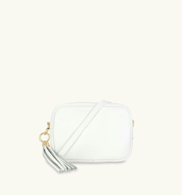 Apatchy London The Tassel White Leather Crossbody Bag With Gold Chain Strap