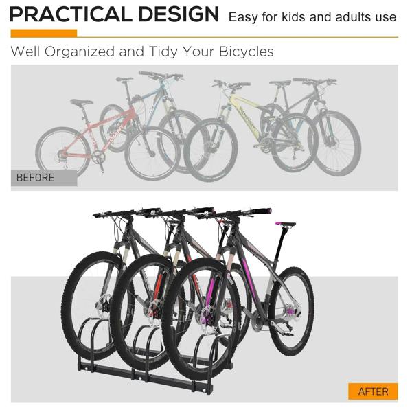 Black 3-bike parking rack holding multiple bicycles in an organized row