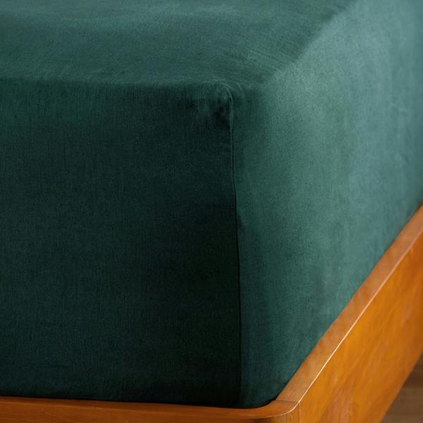 Dark Emerald French Linen 40cm Deep Fitted Sheets close-up detail 1 | Soak and Sleep