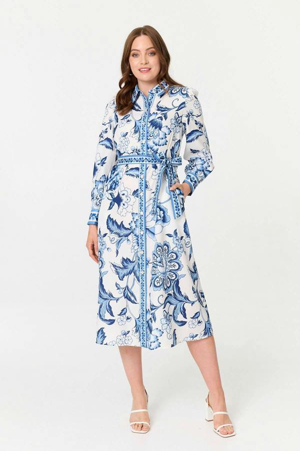 Blue | Floral Print Tie Belt Midi Shirt Dress
