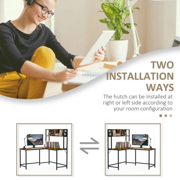L-shaped desk with book shelf, shown in two installation directions on steel frame