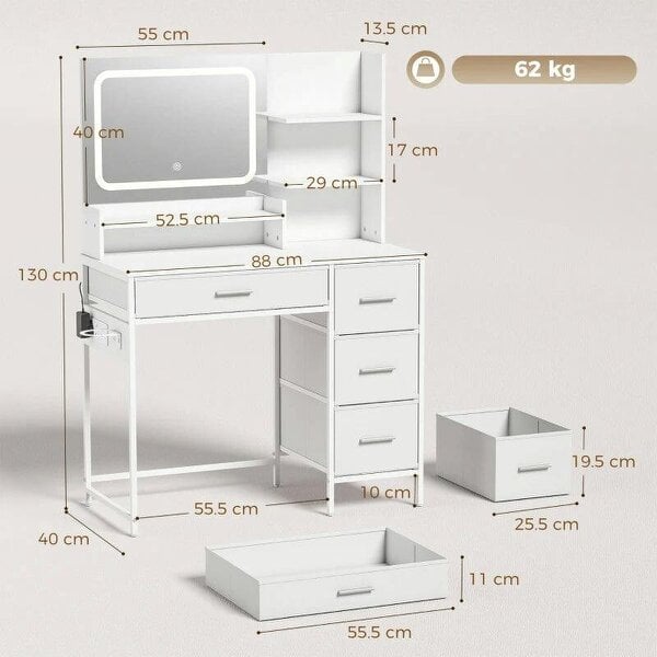 Dressing Table with 3-Colour LED Mirror, Power Outlet, Vanity Desk with 4 Drawers, 5 Shelves, Hair Dryer Holder