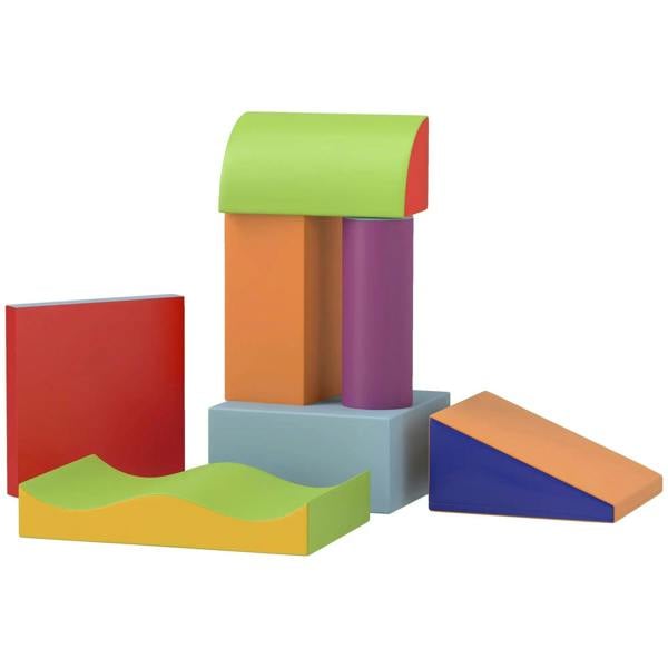 Soft foam play set with padded blocks and blue step ramp for toddlers