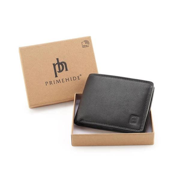 Gift packing view of Black leather wallet with a brand logo on a white background
