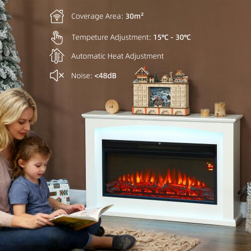 HOMCOM 1000W/2000W Inset Electric Mantel & Fire Reach up to 30 m², White