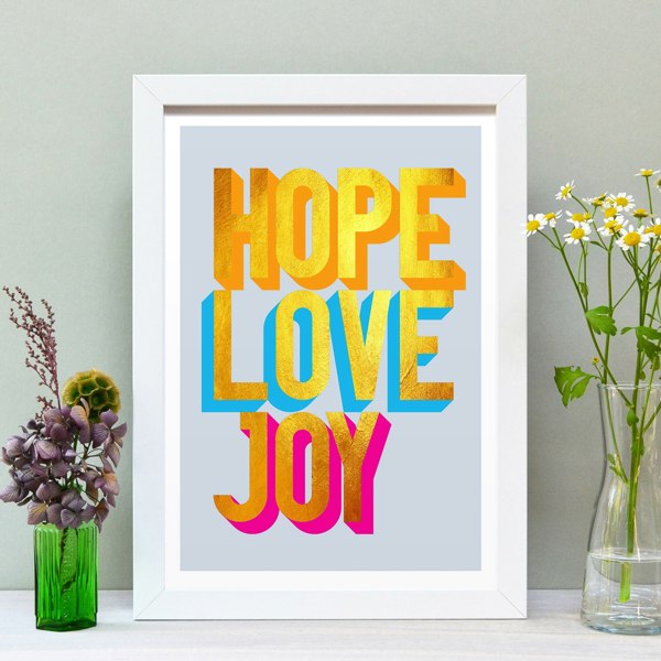 Hands & Hearts Hope Love Joy golden words art print