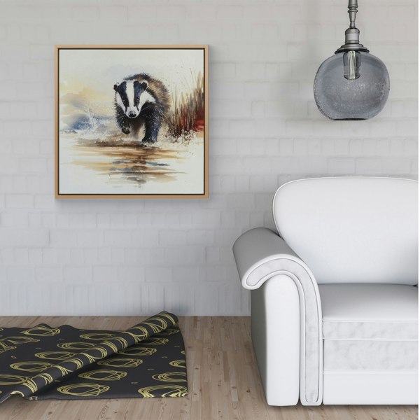 Warren Reed Wading Badger Watercolour Framed Canvas