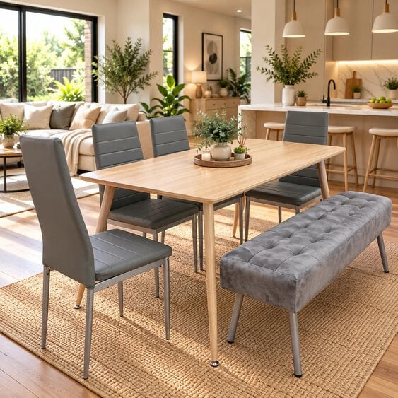 Kosy Koala Dining Table Set With 4 Grey Chairs And 1 Grey Velvet Bench Dining Room Furniture
