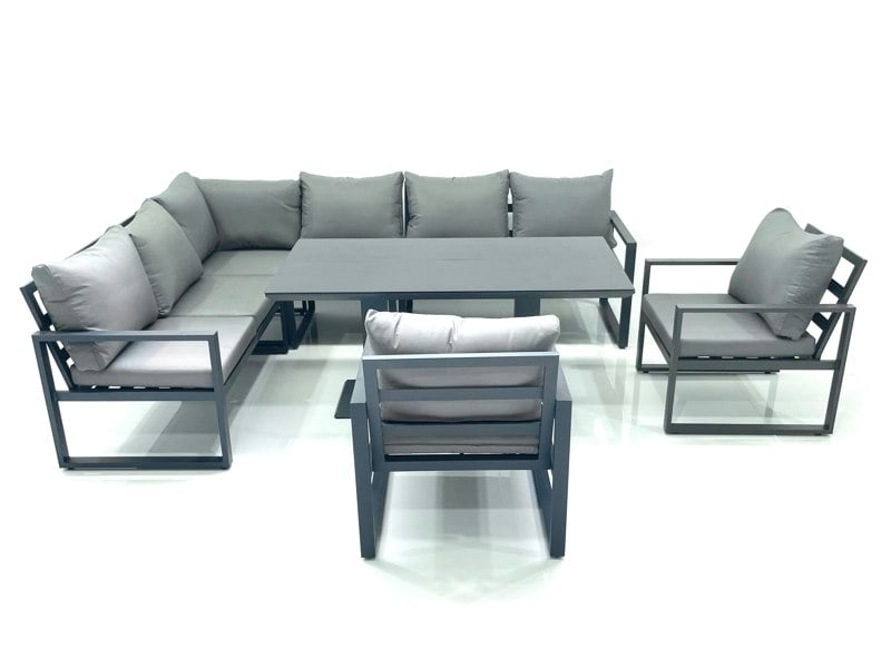 Fimous Aluminum Outdoor Garden Furniture Set Corner Sofa 2 Chairs Adjustable Rising Lifting Dining Table Sets Dark Grey