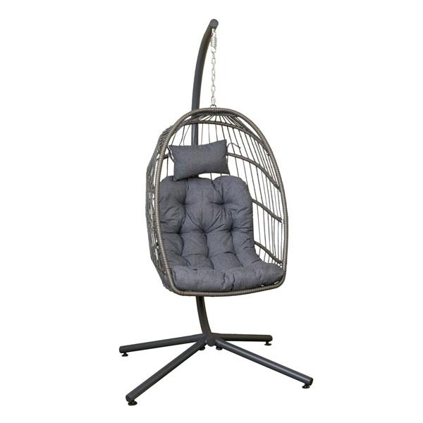 Samuel Alexander Grey Rattan Hanging Egg Chair with Stand & Cushions for Indoor Use
