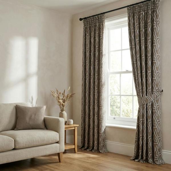 Manhattan* made-to-measure curtains in Espresso, styled in a living room