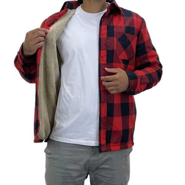 Man wearing red check sherpa shirt with fleece lining warm and rugged for countryside activities