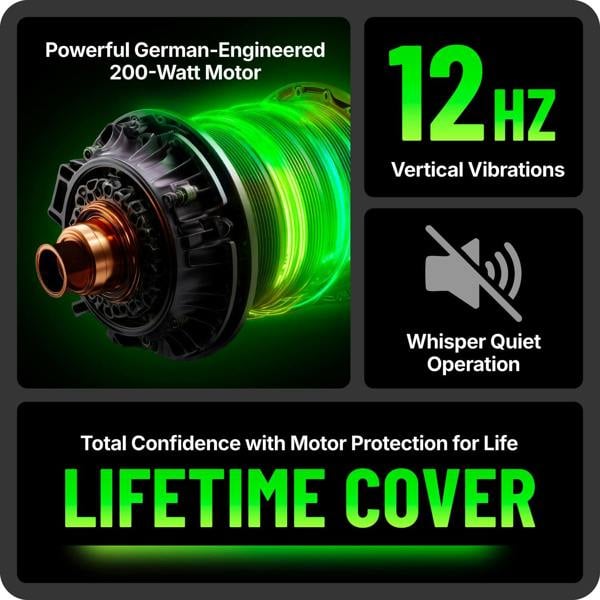 Close-up of a 200-watt motor with green accents, showcasing features like 12Hz vibrations and quiet operation.