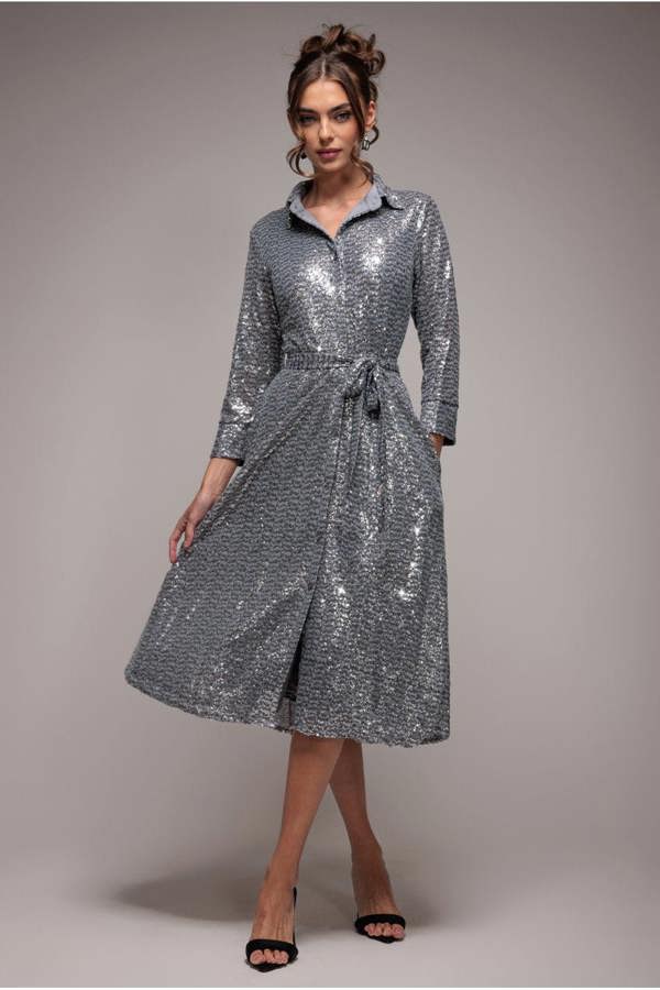 Sequin Skater Shirt Dress - Silver DR4061