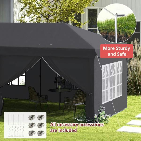 Grey pop-up gazebo tent corner with window panel and front side curtains