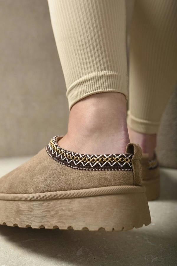 Jolene Aztec Detail Low Ankle Platform Slipper Boots - Camel