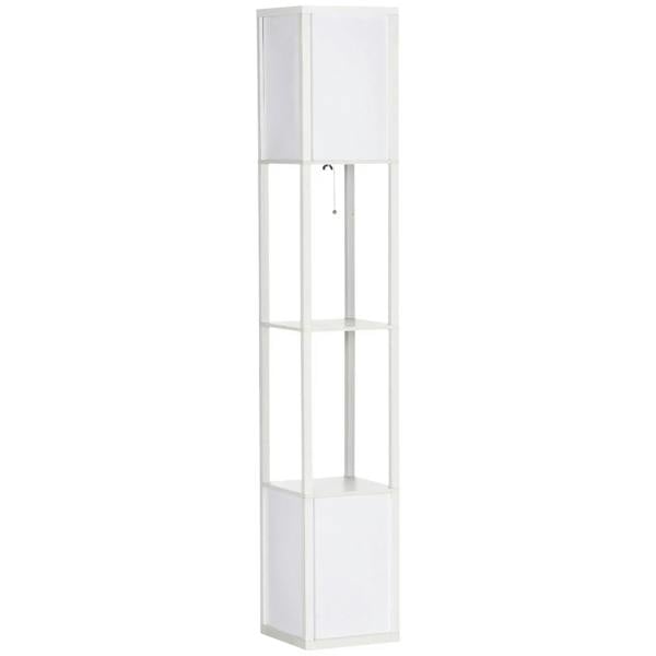 White floor lamp shelving unit with tall column frame and multiple open shelves