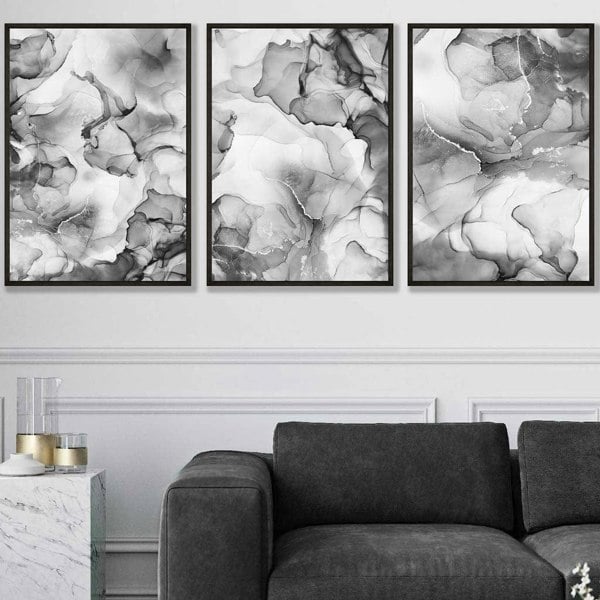 Artze Wall Art Abstract Floral Fluid in Grey Set of 3 Wall Art Prints | Framed