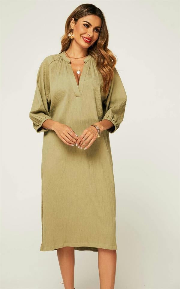FS Collection Smock Dress With Long Sleeves In Khaki Green