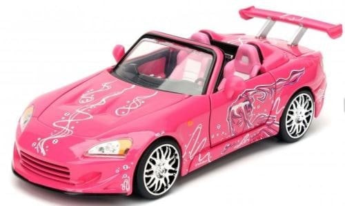 a pink toy car with a white design