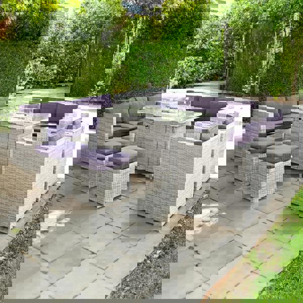 malta rattan 10 seat firepit u shape sofa set in sandy white with deep purple cushions