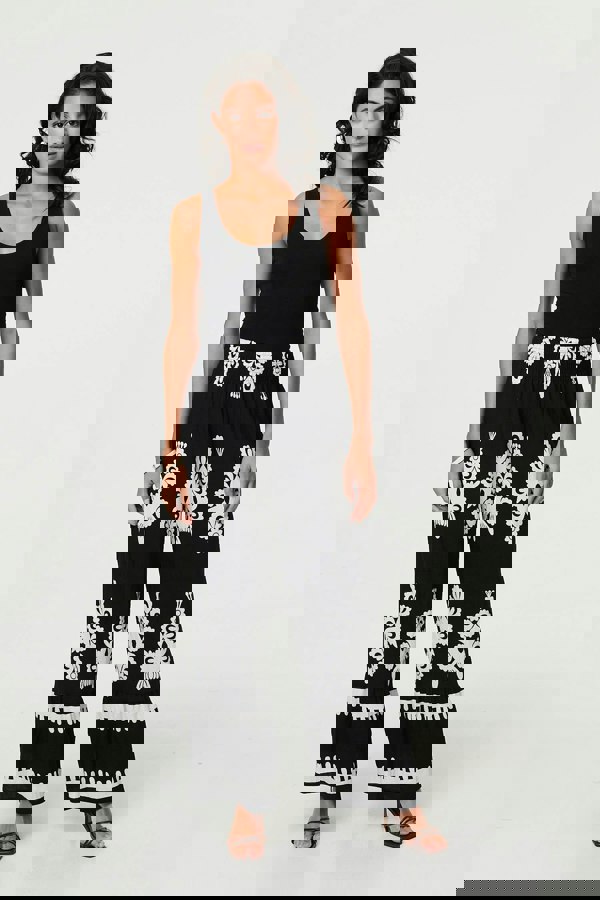 Black | Ikat Print High Waist Wide Leg Trousers
