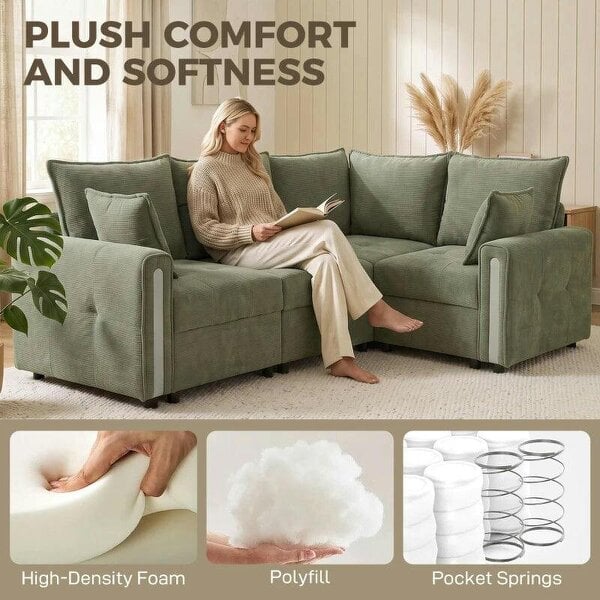 228cm L Shaped Sofa with Lift-Up Storage, 3-Seater Sectional Sofa with Wide Deep Seat, Dark Green