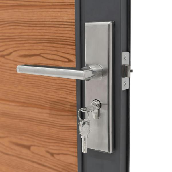 Brown composite panel gate featuring a sleek silver handle and key lock, showcasing a wood-like texture and modern design