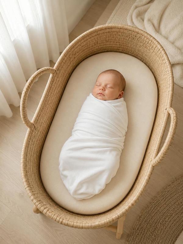 Sleeping newborn safely swaddled in Prima Cotton’s Organic Baby Swaddle for Sensitive Skin, resting in a natural Moses basket on 100% GOTS-certified organic Egyptian cotton.