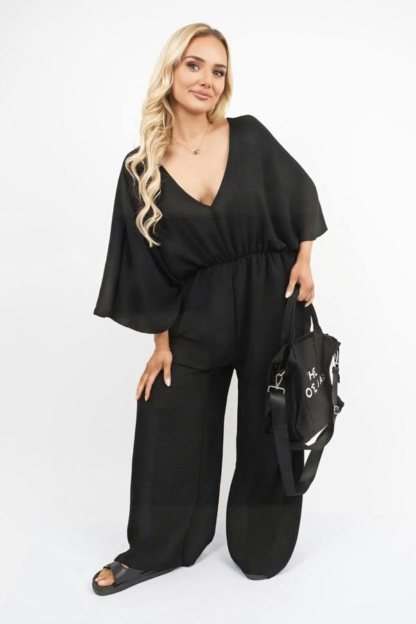 Maysa Wide Leg V Neck Jumpsuit With Back Tie Detail - Black