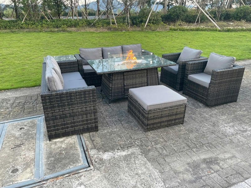 Fimous 9 Seater Outdoor Rattan Garden Furniture Gas Fire Pit Table Sets Gas Heater Lounge Chairs Dark Grey Big Footstool