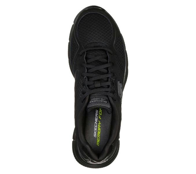 Skechers Verse-Flash Point Mens Sports Gym Walking Lace Up Trainers, black athletic sneakers with breathable mesh upper and lace-up closure.