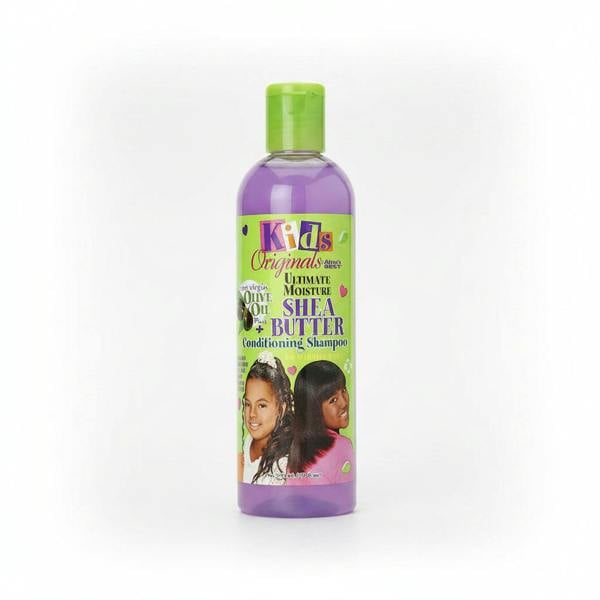 A bottle of Africa's Best Organic Kids Ultimate Moisture Shea Butter Conditioning Shampoo with a purple label, designed for children.