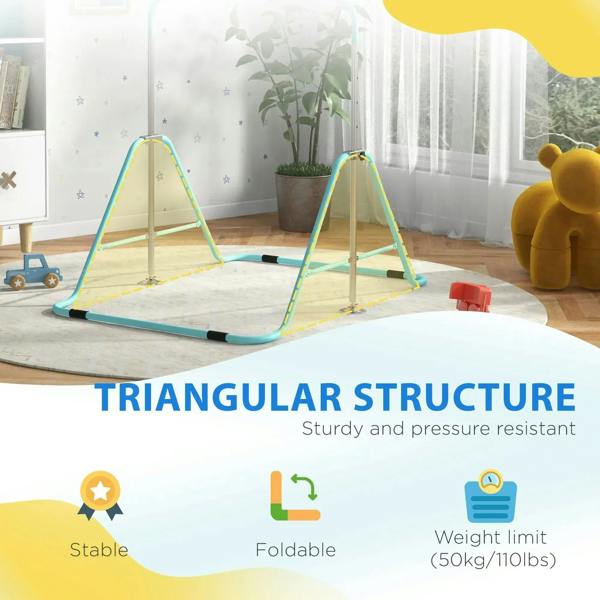 Kids gymnastic bar with triangular stable frame and light blue foldable horizontal bars