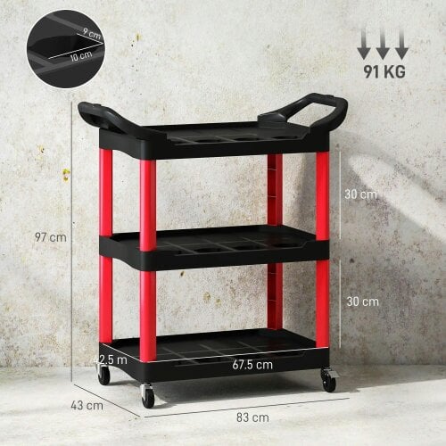 Bobobiy 3-Tier Rolling Tool Cart, Plastic Mobile Service Utility Cart with Handles for Garage, Mechanics and Warehouse, 91kg Capacity, Black and Red