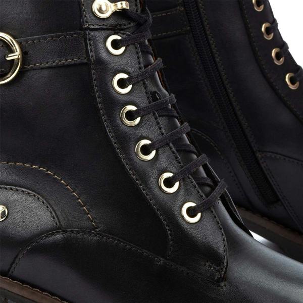 Pikolinos Women’s Black Leather Mid-Heel Combat Ankle Boots - Llanes