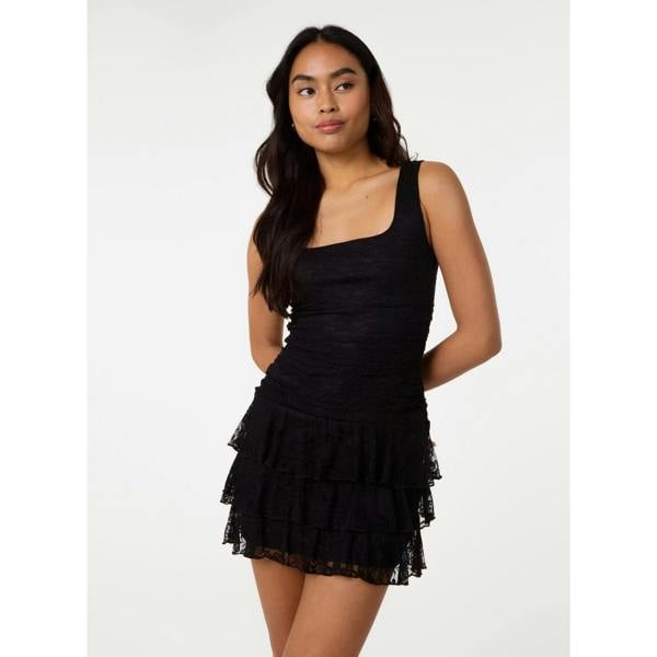 Pink Vanilla Lace Square Neck Dress - Black