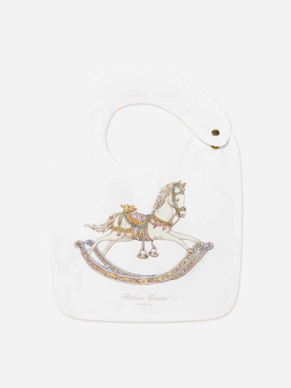 Atelier Choux Baby Rocking Horse Satin Bib in White