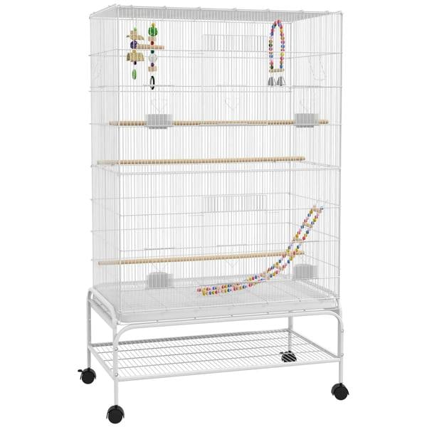 White wire bird cage with stand, perches, and toys